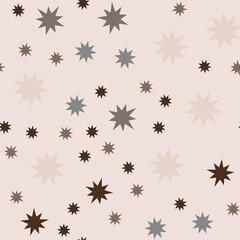 Star pattern. Seamless repeating beige background with different flashes in the sky, circus for baby, kid, child. For textiles, fabrics and printing. Packaging design, wrapping paper. Vector