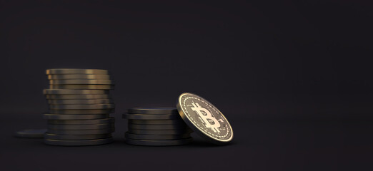 Closeup of golden bitcoin BTC cryptocurrency with dark black background.
crypto coins 3d illustration.