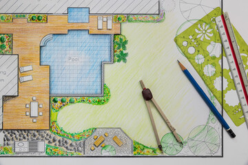 Fototapeta na wymiar Backyard garden and pool design plan for villa.