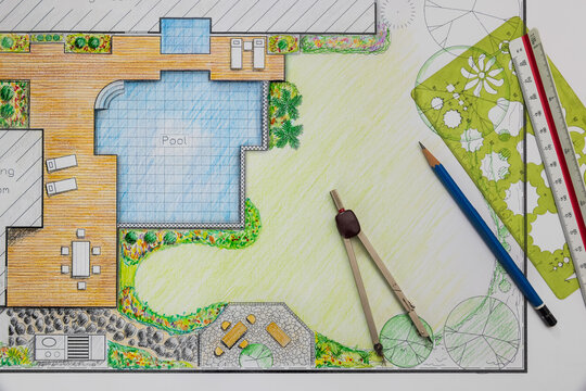 Backyard garden and pool design plan for villa.