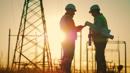 Silhouette of engineers looks at the construction of high-voltage power. Teams engineer looking discussing plan. Two engineer standing on field with electricity towers at sunset.