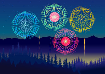 Obraz premium 打ち上げ花火 風景 ベクターイラスト