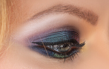 Beauty salon. Female eye with bright makeup. Visage cosmetics. Smokey eyes.