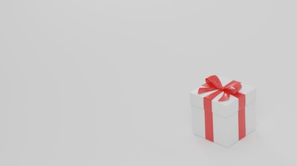 Simple background image of a white gift box with a red ribbon. 