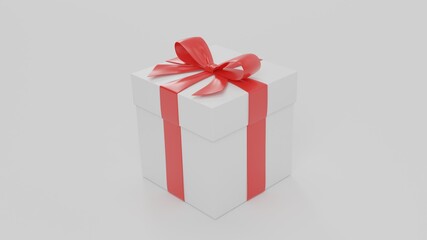 Simple background image of a white gift box with a red ribbon. 