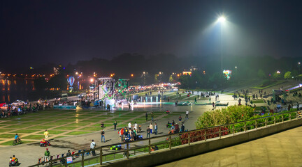 Night view at Lam Vien Square attracts tourists for weekend entertainment, exciting destination for travel in Da Lat, Vietnam