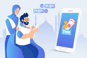 Man transferring THR (Tunjangan Hari Raya) or Eid Mubarak bonuses through online banking application