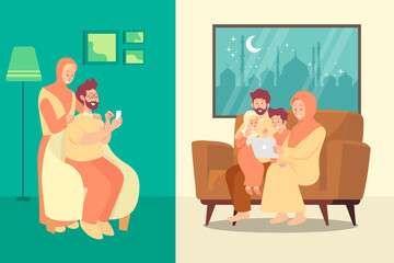 Muslim family blessing Eid mubarak through smart phone screens using video call