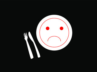 Sad faced plate with fork and knife - vector illustration