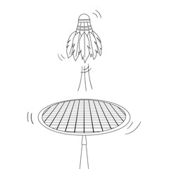 Badminton game concept with lines motion. Outline throw shuttlecock with racket. Coloring page. Sports games, leisure, fitness. Vector illustration