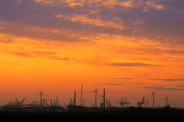 Sunrise in the port of Antwerp
