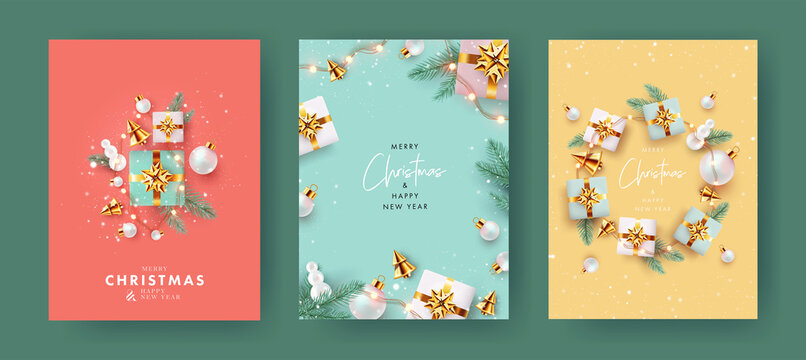 Xmas modern design with 3d realistic golden gift boxes, pine branches, golden conical Christmas trees, balls and falling snow. Christmas Set of greeting cards, posters, holiday covers, web banners