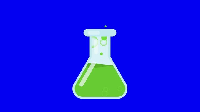 Animation of laboratory beaker being filled with green coloured chemical liquid on a blue background.