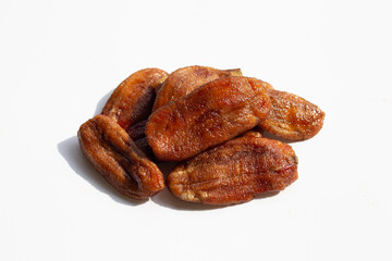Sun dried bananas on white background.