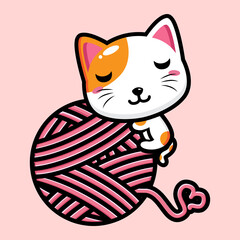 cartoon cute fortune cat vector design is hugging a big spool of yarn