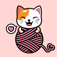 cartoon cute fortune cat vector design is hugging a big spool of yarn