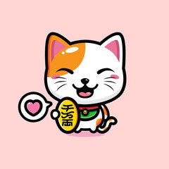 cartoon vector design of lucky cat holding gold coins
