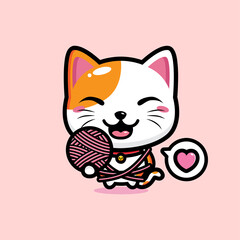 cartoon vector design of lucky cat holding a spool of yarn