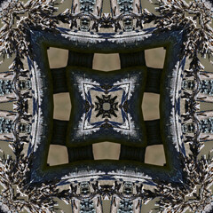 Black and white abstract geometric kaleidoscope pattern for textiles and design.