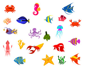 set of sea fish and algae, crab, seahorse, starfish, octopus, crayfish. vector isolated on a white background