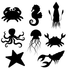 set of silhouettes of crab, seahorse, starfish, octopus, crayfish, squid, jellyfish. vector isolated on a white background