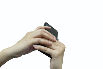 clipping paths,A woman's hand holding a mobile phone In a white floor room.