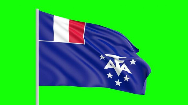 National Flag Of French Southern and Antarctic Lands Waving In The Wind on Green Screen With Alpha Matte