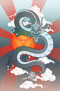 Abstract Art Japanese Flying Ferocius Dragon with the Clouds with Red Gradient Sun with Radiant Behind on Metal Gradient Background with Stain Vector Graphics Design Illustration Template