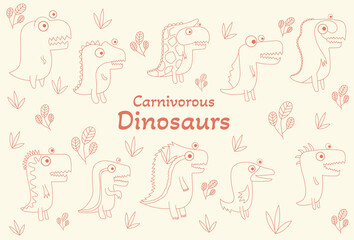 Cute carnivorous dinosaurs and tropical plants. Collection of cute dino cartoons. Hand drawn doodle vector set for kids