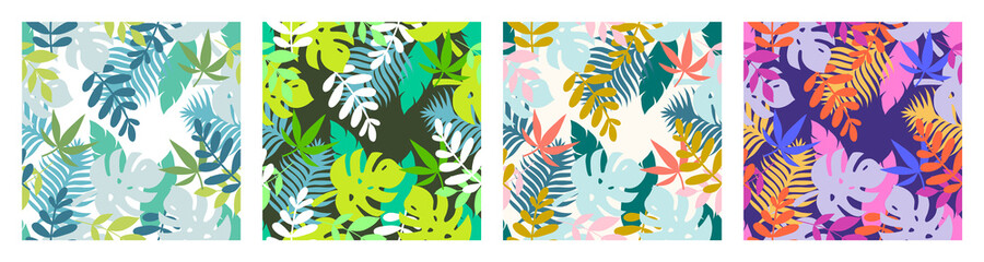 Set of seamless tropical pattern with exotic plants and palm leaves. Floral pattern in Hawaiian styles. Colorful plants and leaves on dark background. Hand draw vector illustration.
