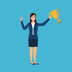 Successful businesswoman holding trophy of achievement in flat design. Leadership. Company manager smiling with happiness.