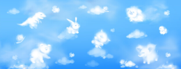 White clouds in shape of cute animals on background of blue sky. Baby elephant, bear, cat, little pig, dinosaur and rabbit silhouettes. Vector realistic soft fluffy clouds in form of funny animals