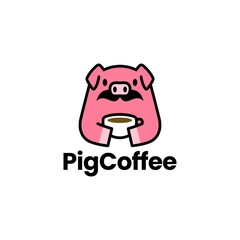 pig coffee cup moustache logo vector icon illustration