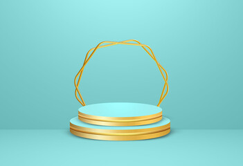 gold podium 3d rendered for product display with beautiful golden frame, cosmetics product stand, product display