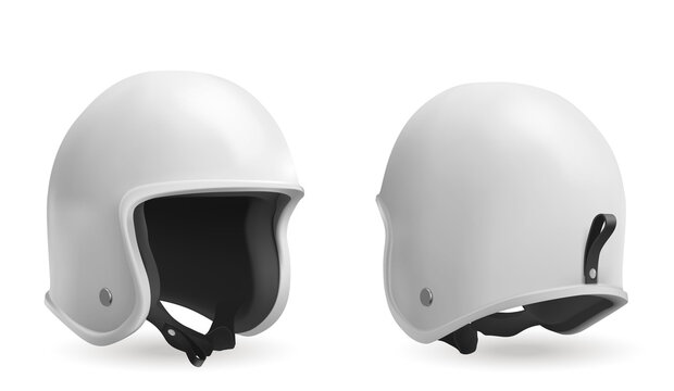 Motorcycle Helmet, Retro Biker Headwear, Vintage Accessory Of Round Shape, Driver Hat Of White Glossy Surface, Soft Black Lining And Belt Front And Back Angle View, Realistic 3d Vector Illustration