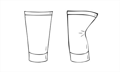 A set of plastic tubes of cosmetics - cream or gel, new and used crumpled on the side. Isolated vector illustration.