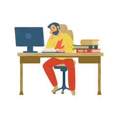 Man student learning in front of computer, flat vector illustration isolated.