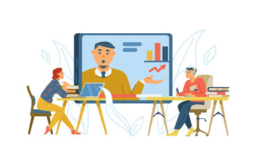 People receive education in online school via internet technology.
