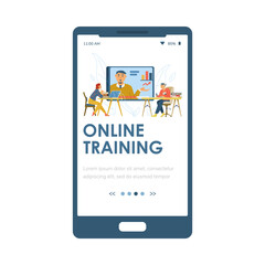 Online training mobile page with people at webinar, flat vector illustration.
