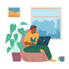 Man sitting in soft chair with laptop, flat vector illustration isolated.