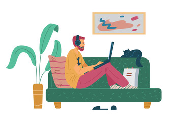 Man studying remotely sitting on couch, flat vector illustration isolated.