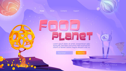 Food planet cartoon landing page. Fantasy game, adventure, funny world with salmon fish and onion spheres in space, caviar plant, sushi with ginger over alien bizarre landscape, vector web banner