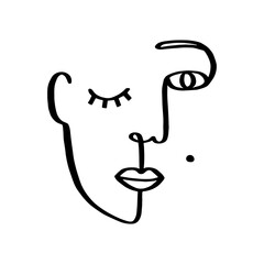 Minimal linear style abstract beautiful woman face. Minimalistic modern art female portrait print. Beauty and fashion concept. Line art glamour girl.