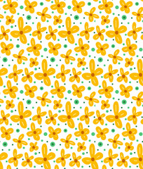 Seamless floral pattern with small yellow flowers and turquoise dots on a white background. Natural wallpaper. Vector texture with buttercup anemone for fabrics and wrapping paper