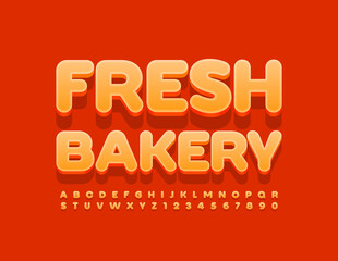 Vector tasty emblem Fresh Bakery with 3D orange Font. Bright set of Alphabet Letters and Numbers