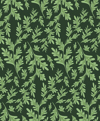 Wormwood herbaceous seamless pattern on dark green background. Fabric with grass fields. Wallpaper with a branches of sagebrush. Vector natural background with Artemisia absinthium for wrapping paper