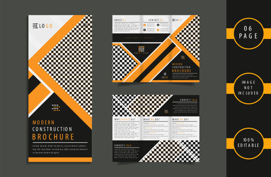 Construction 6 page trifold brochure design template with yellow and black color geometric shapes.
