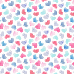 Beautiful seamless pattern with gentle watercolor hand drawn purple pink blue hearts. Stock illustration.