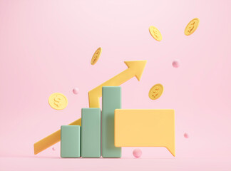 Business target achievement concept. Economic growth, sales charts. Growth in value of currencies, stocks. Arrow, falling coins - plasticine style 3d render illustration 