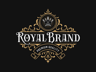 Vintage luxury ornamental logo with floral ornament. Suitable for whiskey, alcohol, beer, brewery, wine, barber shop, tattoo studio, salon, boutique, hotel, shop signage.